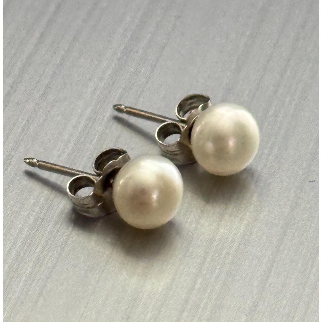 14k White Gold 6mm Cultured Pearl Stud Earrings Studex Vintage 0.8 Gr